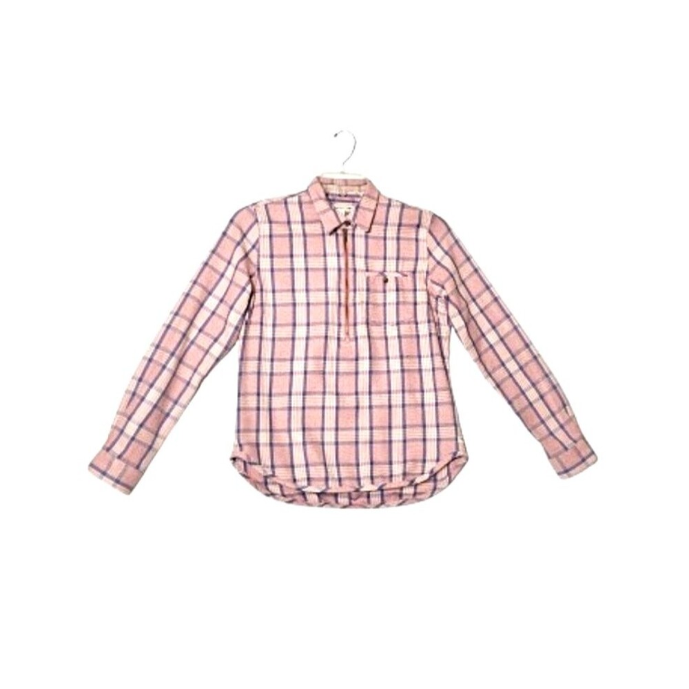 TOAD & CO Women's Bodie Dos 1/4 Zip T Neck Shirt Sz Small Pink Plaid Long Sleeve